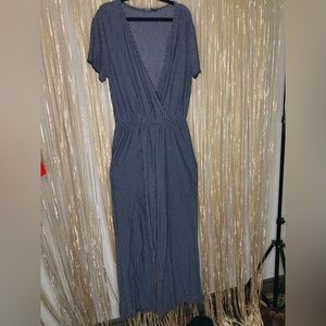 Cotton jumpsuit wide leg wrap top black and white pinstripe short sleeve